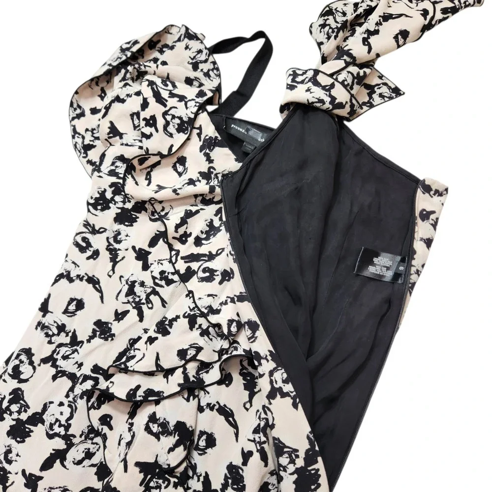 PROENZA SCHOULER Size 6 Scribble Rose Ruffle Midi Floral Asymmetrical 100% Silk